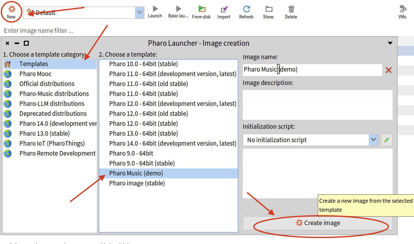 Pharo Launcher – selecting Pharo Music demo template